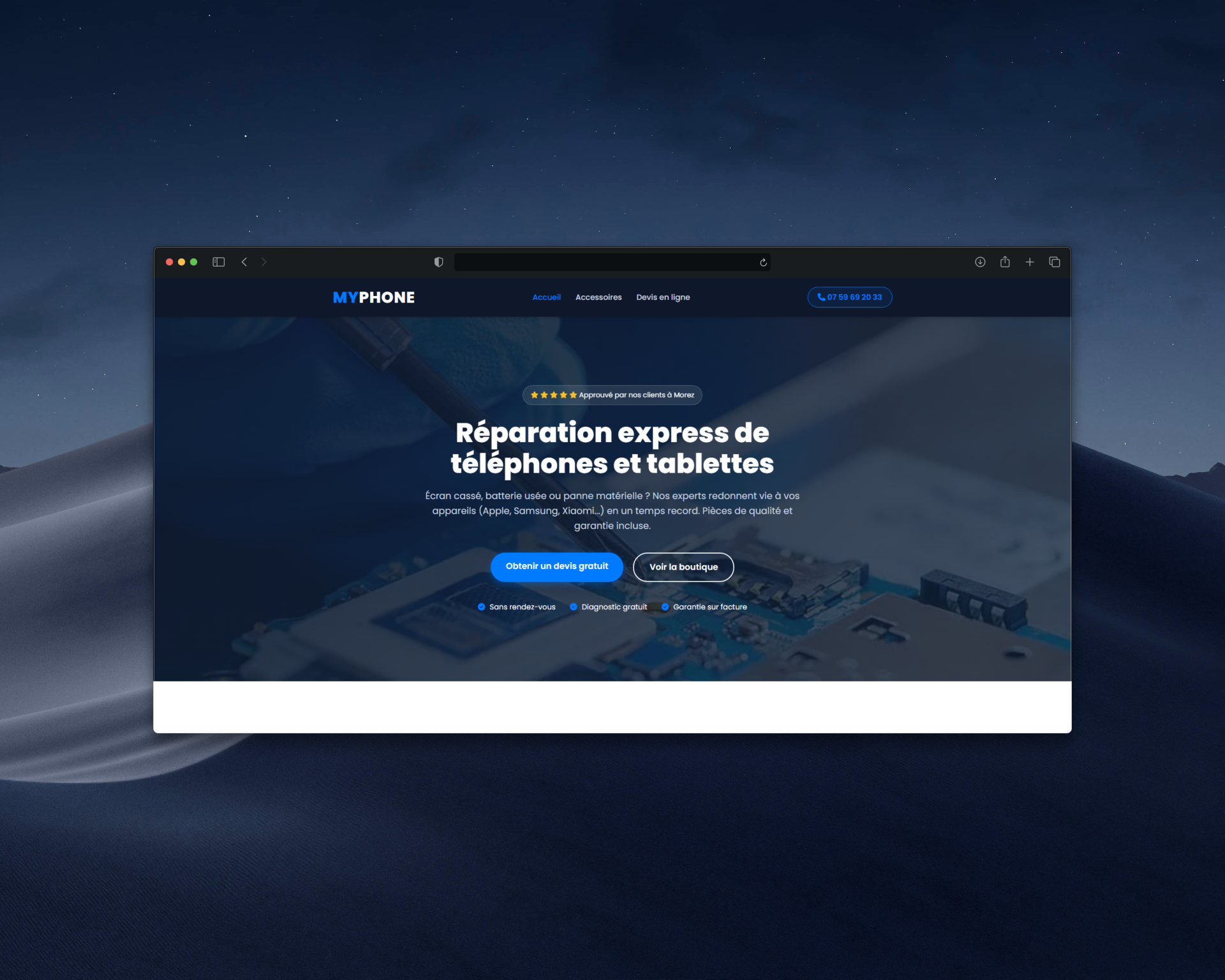 Site internet vitrine et prise de rendez-vous pour un centre de réparation de smartphones